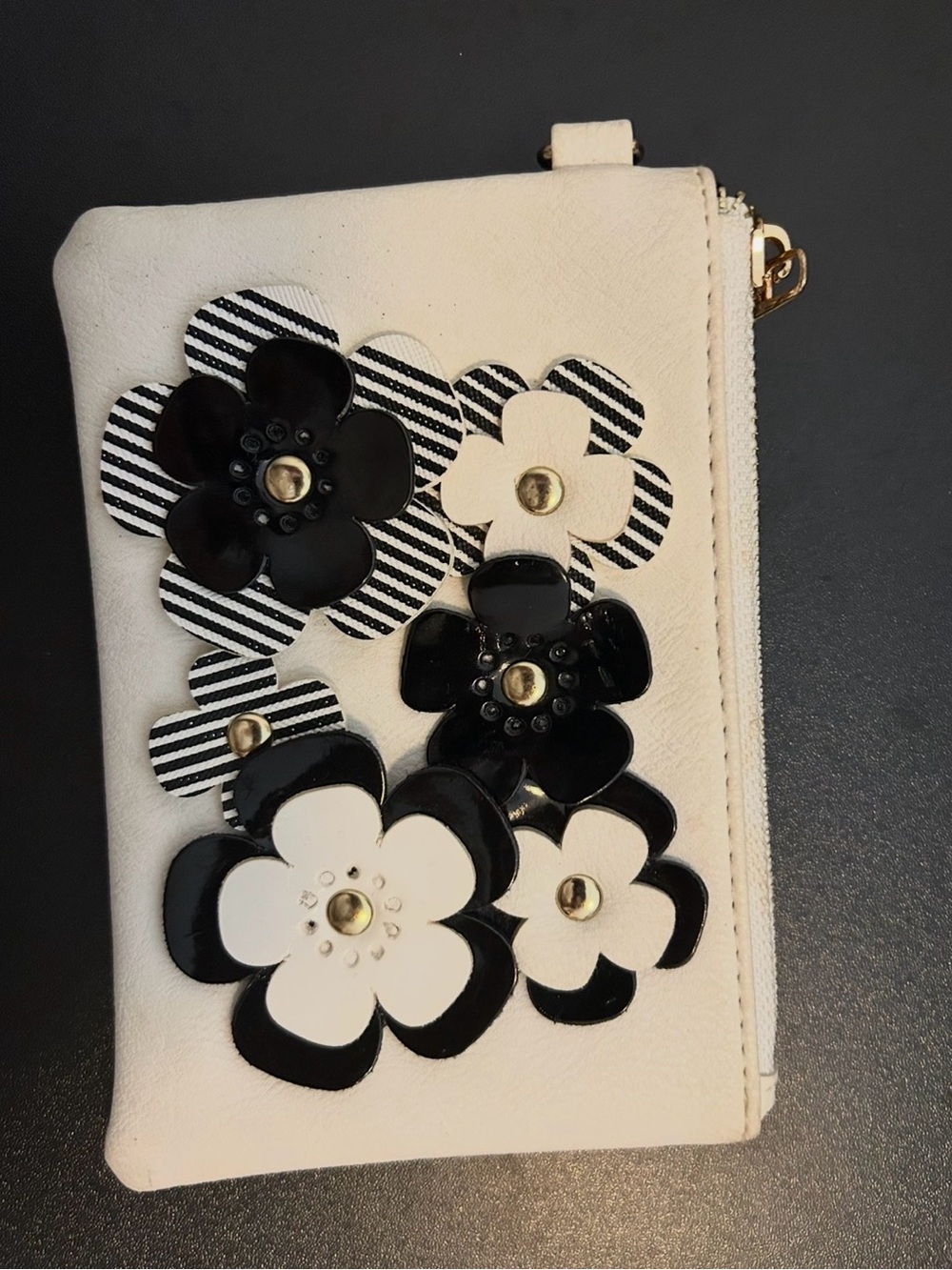White Floral Appliqué Zip Wallet make up bag  - Black & White